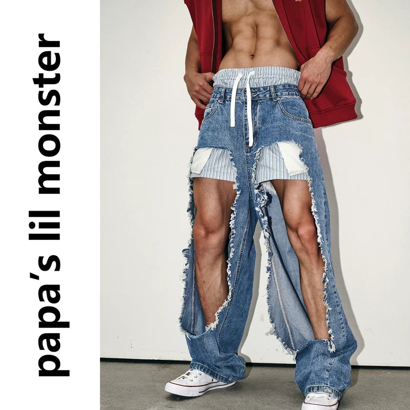 6257725231395,6257725231396,6257725231397, Irregular Cut Frayed Hem Denim Pants