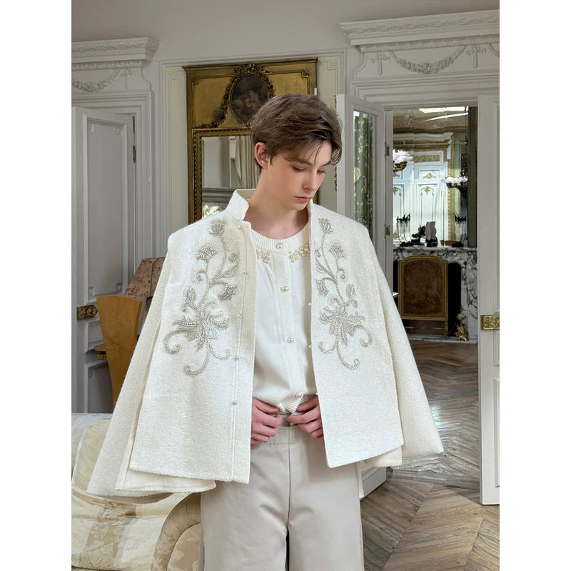 ,1627207:475972192,6142157954427,6142157954427, Jacquard Stand-Collar Embroidered Shawl Cape Coat