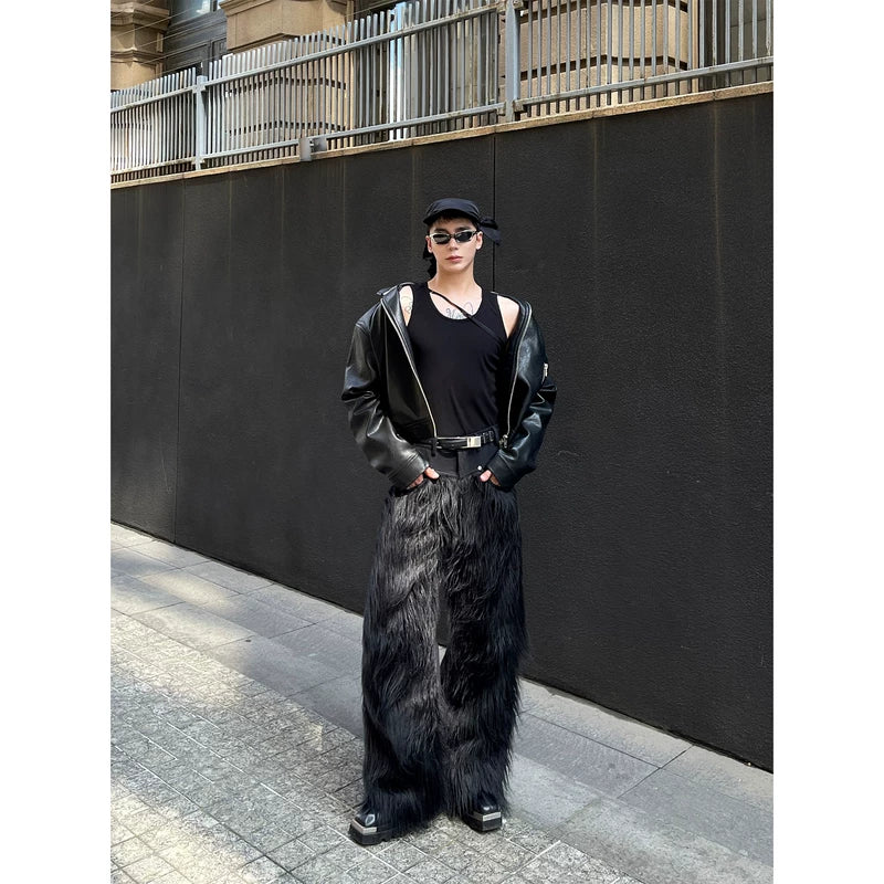 Long Hair Faux Fur Patchwork Pants 1