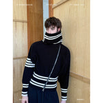 High-Neck Diagonal Zip Striped Knit Sweater 1