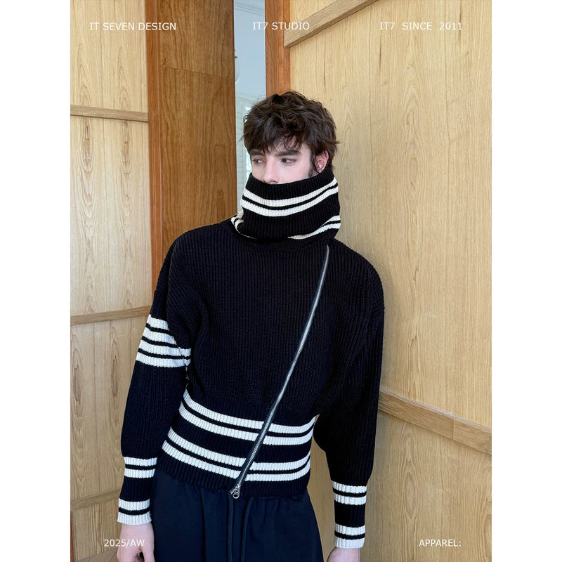 High-Neck Diagonal Zip Striped Knit Sweater 1