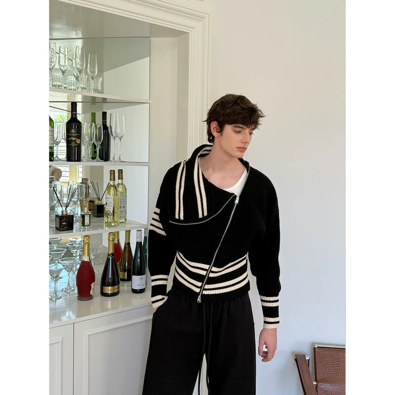 High-Neck Diagonal Zip Striped Knit Sweater 2
