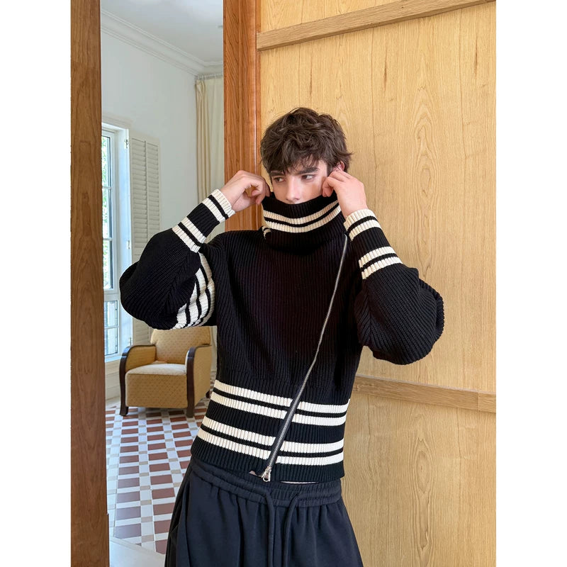 High-Neck Diagonal Zip Striped Knit Sweater 3