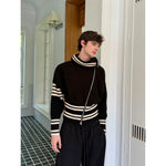 High-Neck Diagonal Zip Striped Knit Sweater 4