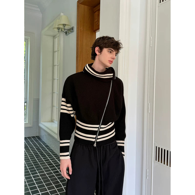 High-Neck Diagonal Zip Striped Knit Sweater 4