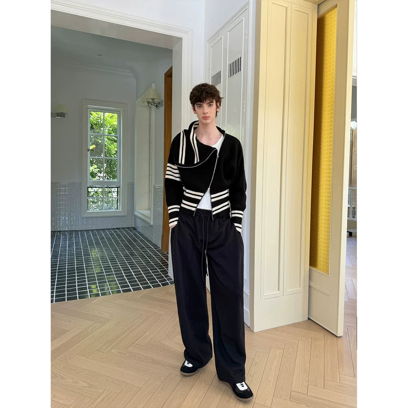 High-Neck Diagonal Zip Striped Knit Sweater 5