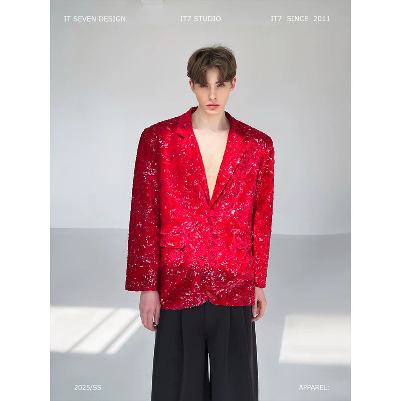Sequined Velvet Lapel Suit Jacket 1
