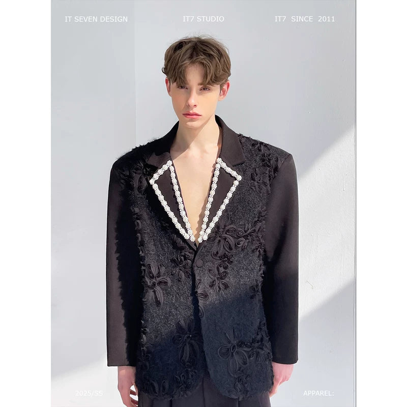 Jacquard Suit Jacket with Pearl Collar 1