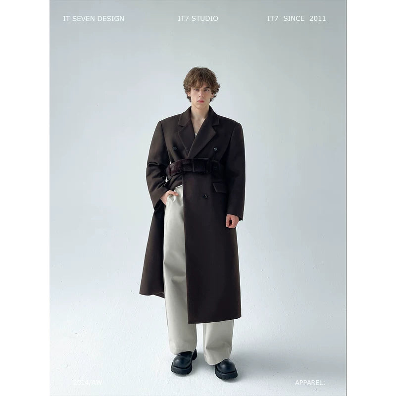 Knee-Length Wool Coat with Fur Belt 1