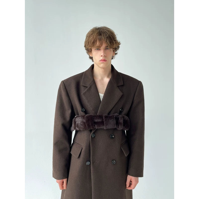 Knee-Length Wool Coat with Fur Belt 2