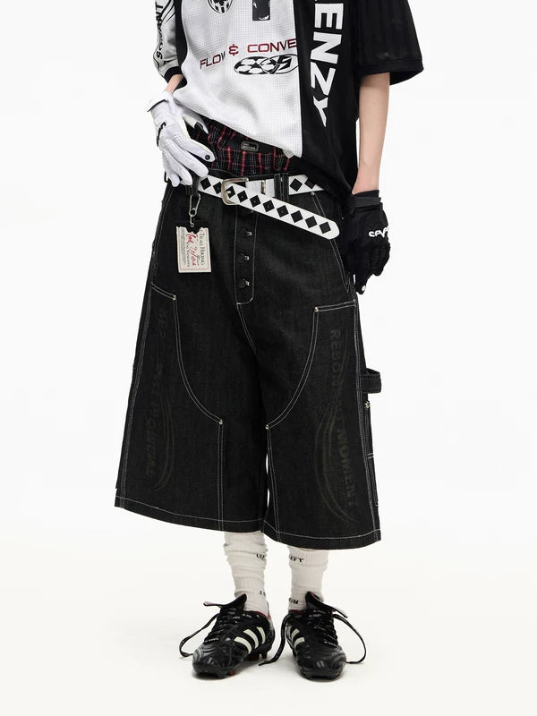 Laser Print Buttoned Denim Shorts 1