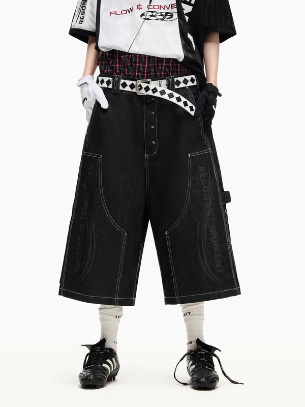 Laser Print Buttoned Denim Shorts 2