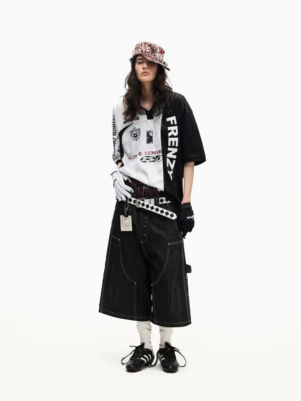 Laser Print Buttoned Denim Shorts 5