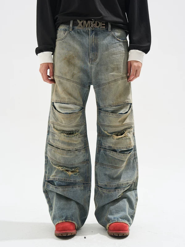 Layered Distressed Ripped Wide Leg Jeans Pants 1