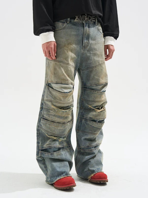 Layered Distressed Ripped Wide Leg Jeans Pants 2