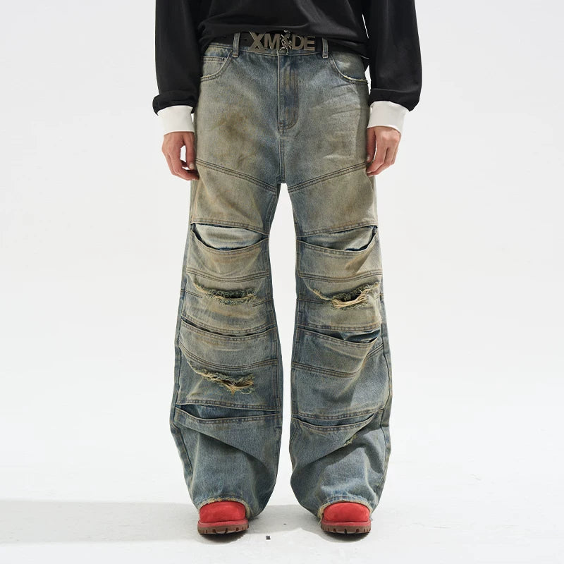 5885925872923,5885925872924,5885925872925,5885925872926, Layered Distressed Ripped Wide Leg Jeans Pants