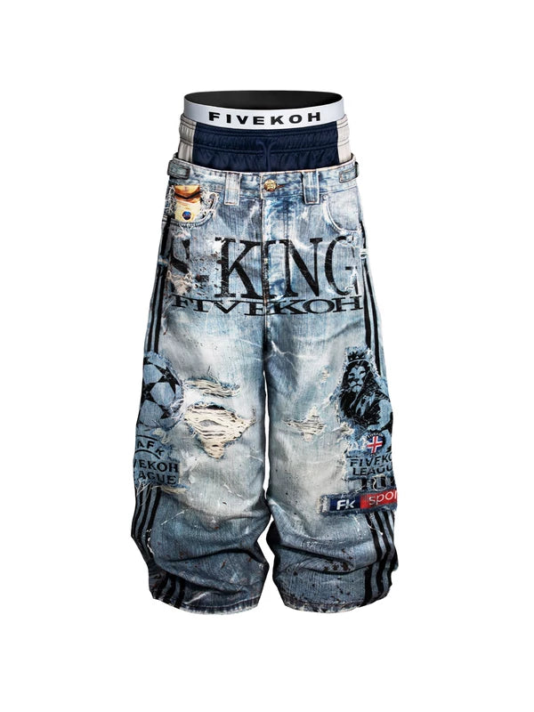 Layered Graphic Distressed Denim Pants 1