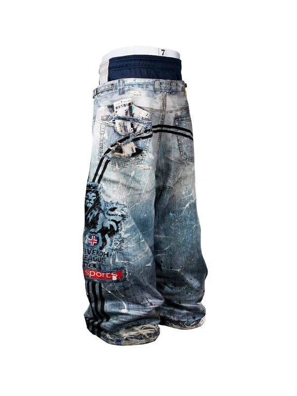 Layered Graphic Distressed Denim Pants 2