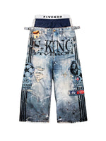 Layered Graphic Distressed Denim Pants 4