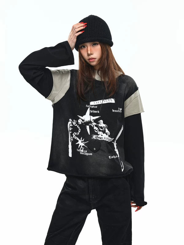 Layered Graphic Patchwork Long Sleeve T-Shirt 2