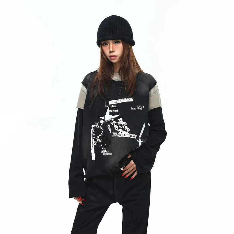 6027942053362,6027942053363,6027942053364, Layered Graphic Patchwork Long Sleeve T-Shirt