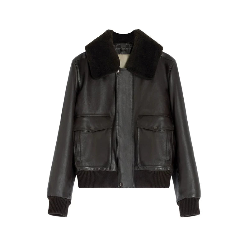 Leather Bomber Jacket with Shearling Collar 1