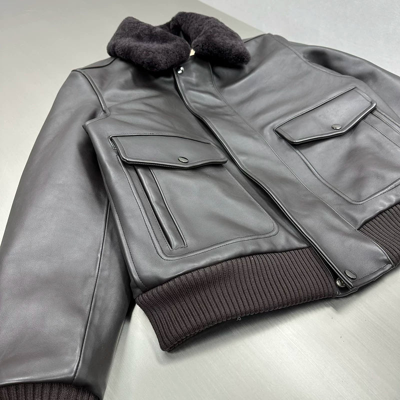 Leather Bomber Jacket with Shearling Collar 2