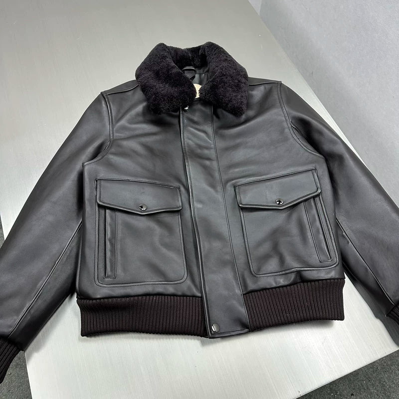 Leather Bomber Jacket with Shearling Collar 3