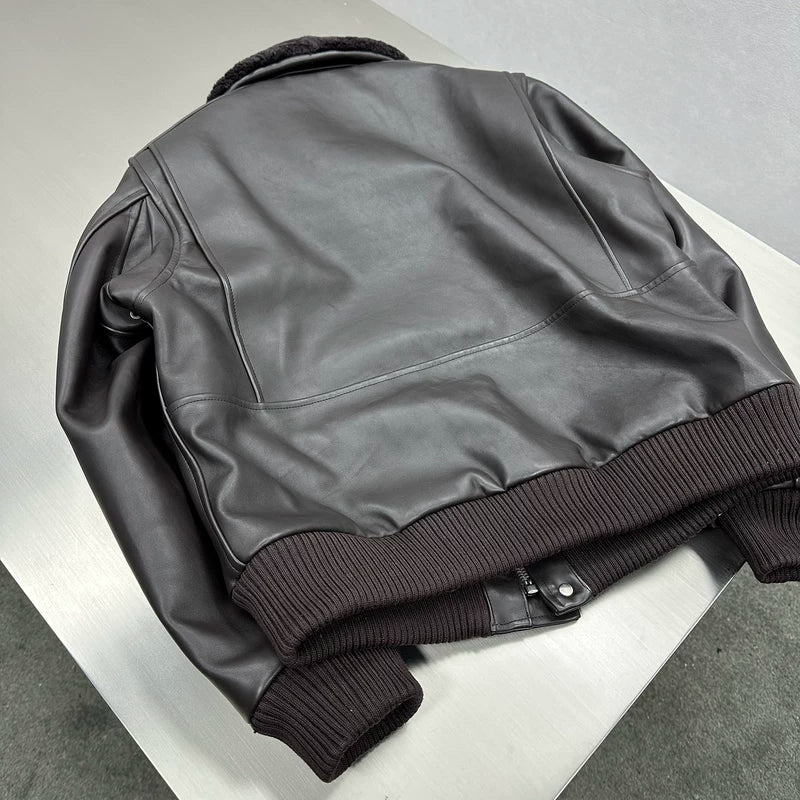 Leather Bomber Jacket with Shearling Collar 5