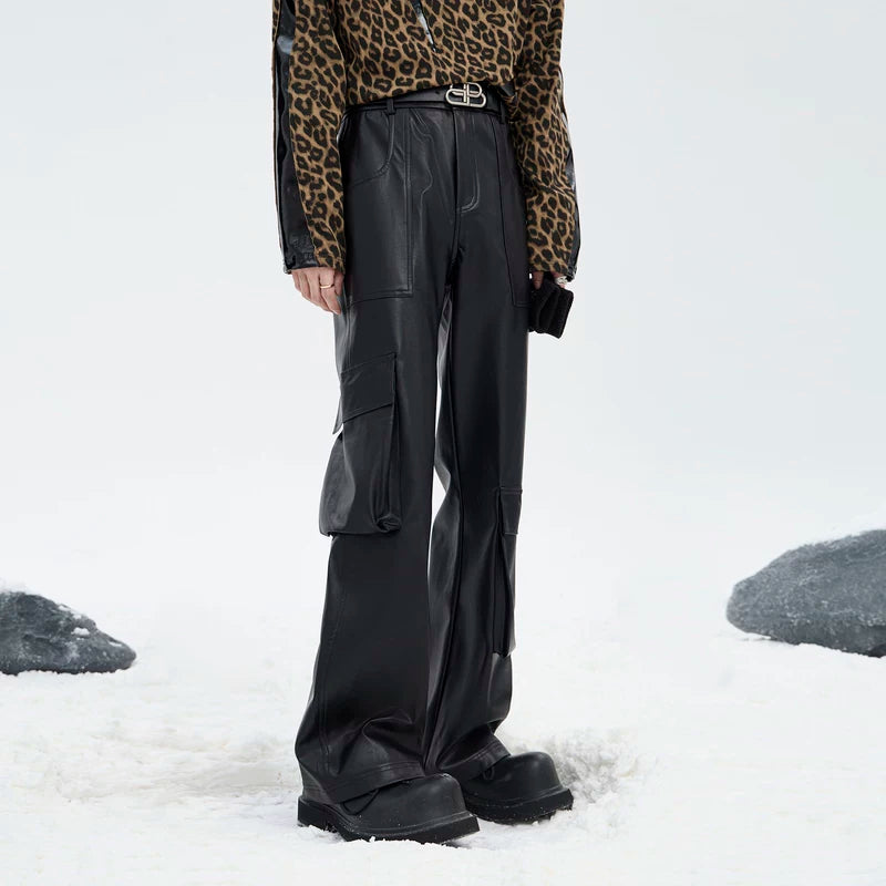 5147624840810,5147624840811,5147624840812,5147624840813, Leather Cargo Pants with Flared Fit