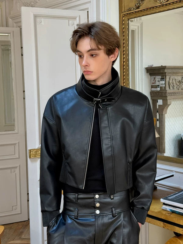 Leather Motorcycle Jacket and Pleated Pants Set 3