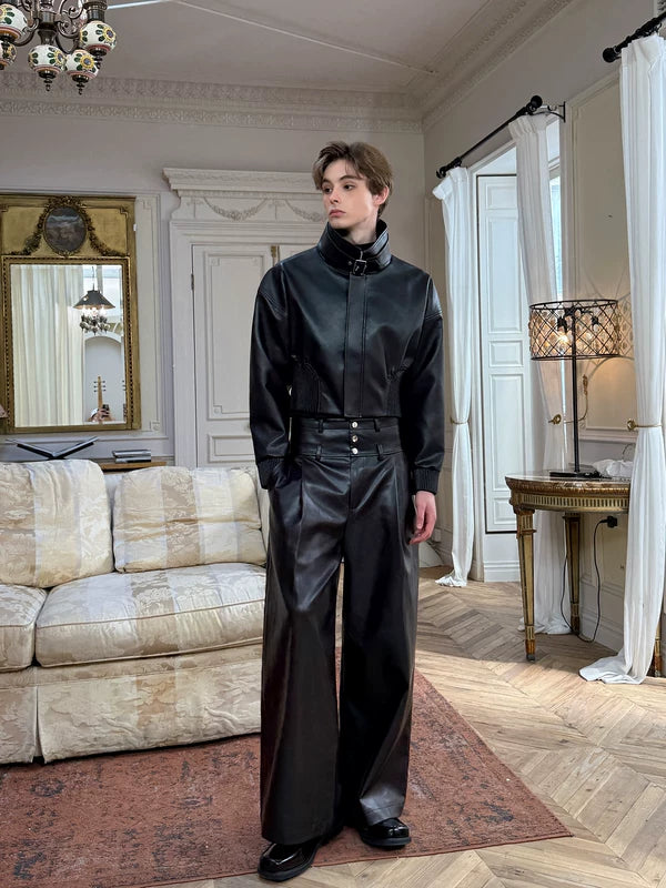 Leather Motorcycle Jacket and Pleated Pants Set 5