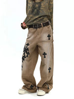 Leather Patchwork Cross Embroidered Cargo Pants 1