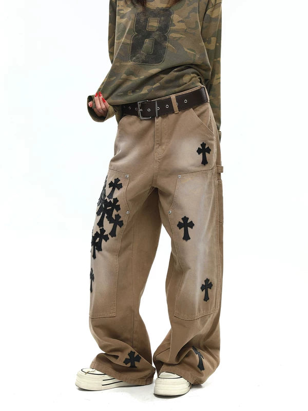 Leather Patchwork Cross Embroidered Cargo Pants 1
