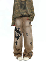 Leather Patchwork Cross Embroidered Cargo Pants 2