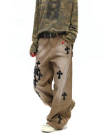 Leather Patchwork Cross Embroidered Cargo Pants 3
