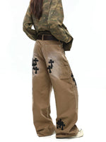 Leather Patchwork Cross Embroidered Cargo Pants 4