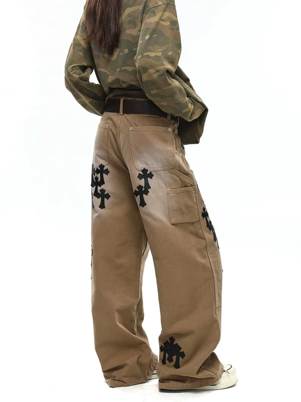 Leather Patchwork Cross Embroidered Cargo Pants 4