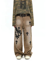 Leather Patchwork Cross Embroidered Cargo Pants 5