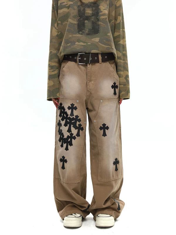 Leather Patchwork Cross Embroidered Cargo Pants 5