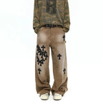 6182387210720,6182387210721,6182387210722,6182387210723,6182387210724, Leather Patchwork Cross Embroidered Cargo Pants