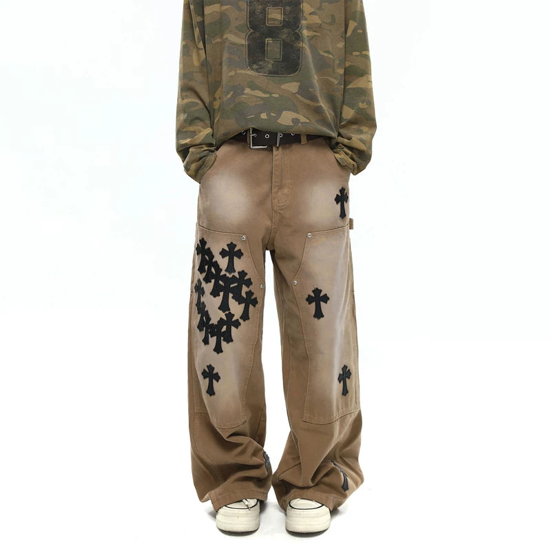 6182387210720,6182387210721,6182387210722,6182387210723,6182387210724, Leather Patchwork Cross Embroidered Cargo Pants