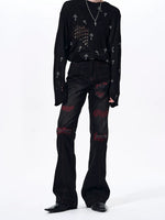 Leather Patchwork Flared Jeans Pants 2