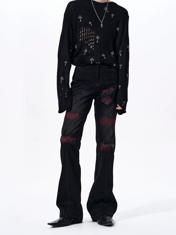 Leather Patchwork Flared Jeans Pants 2