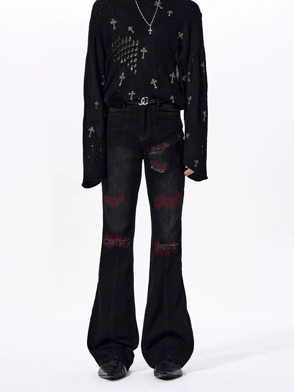 Leather Patchwork Flared Jeans Pants 3