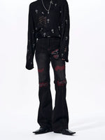Leather Patchwork Flared Jeans Pants 4