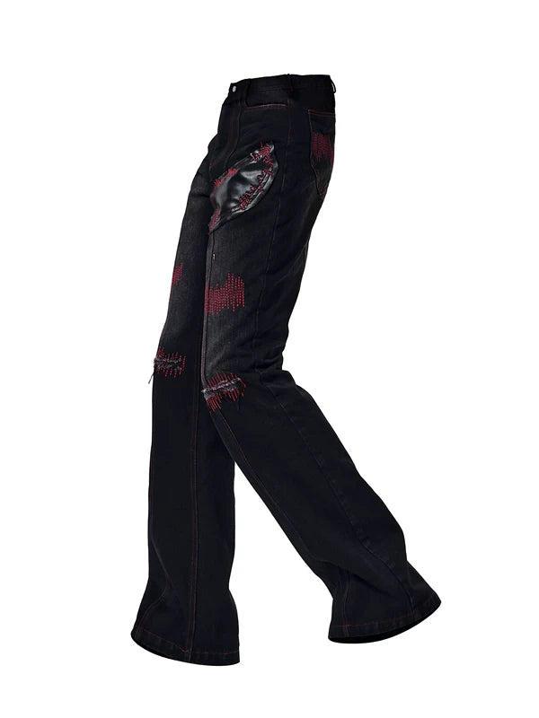 Leather Patchwork Flared Jeans Pants 5