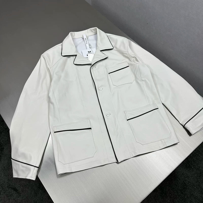 Leather Shirt Jacket with Contrast Piping 2
