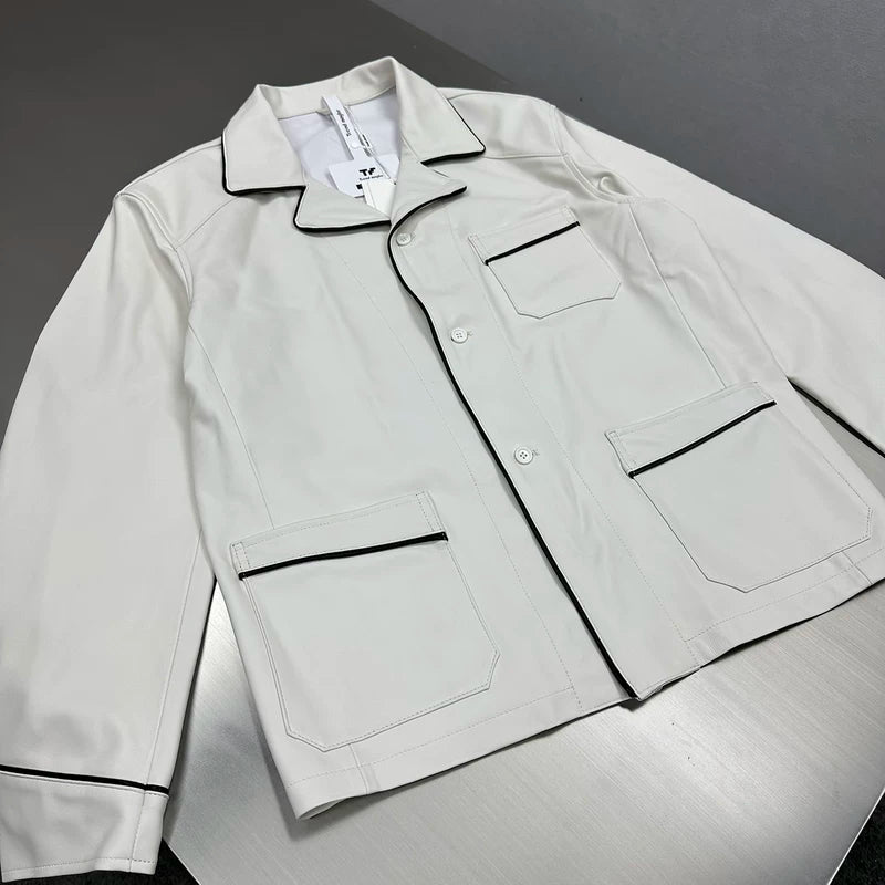 Leather Shirt Jacket with Contrast Piping 3
