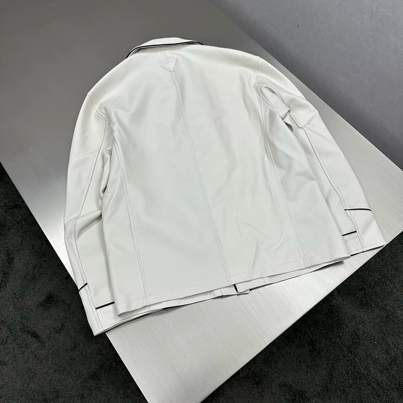 Leather Shirt Jacket with Contrast Piping 4